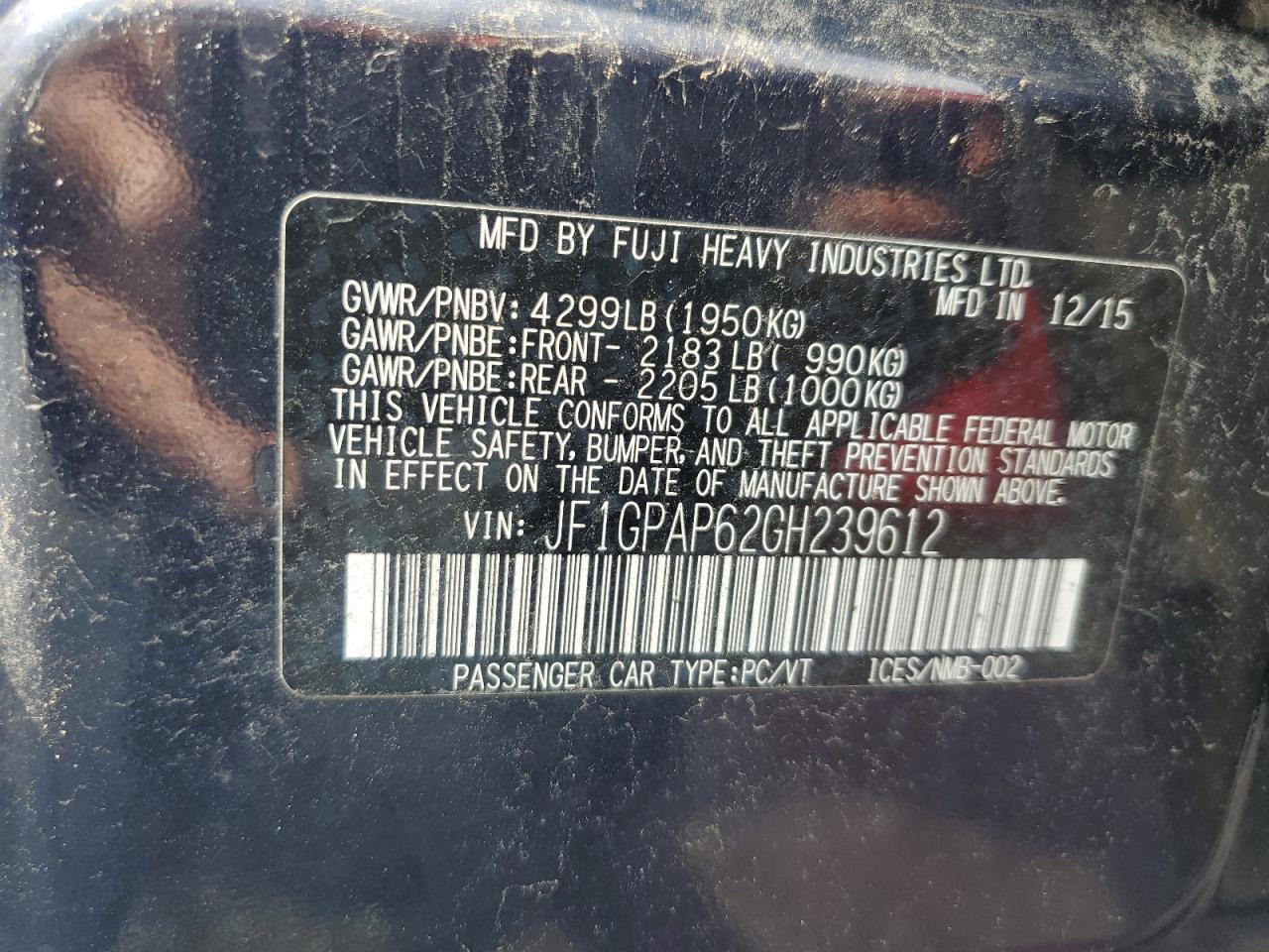 2016 Subaru Impreza Sport Premium VIN: JF1GPAP62GH239612 Lot: 62493665