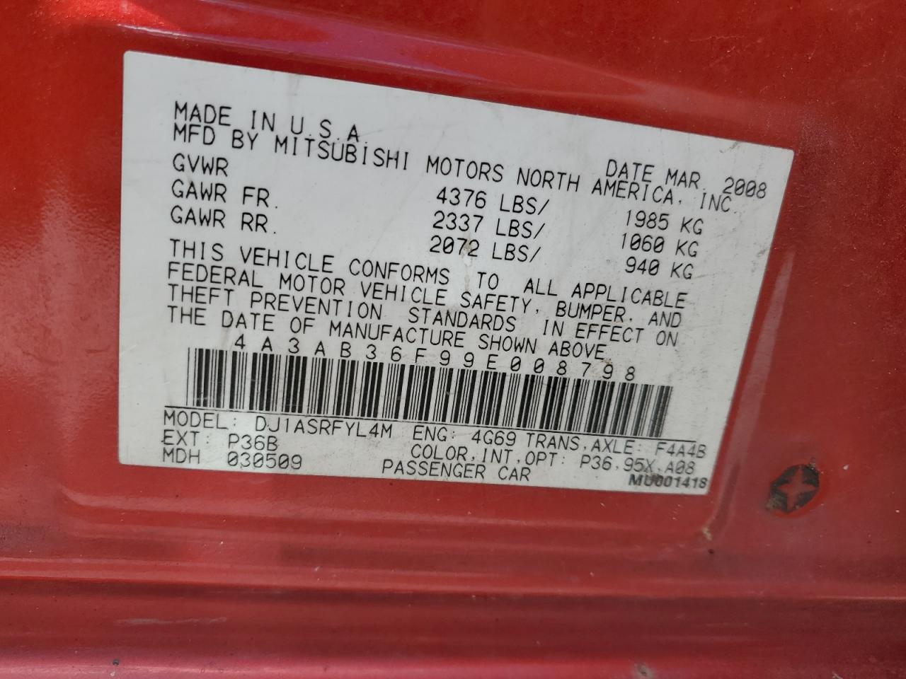 2009 Mitsubishi Galant Es VIN: 4A3AB36F99E008798 Lot: 62180005