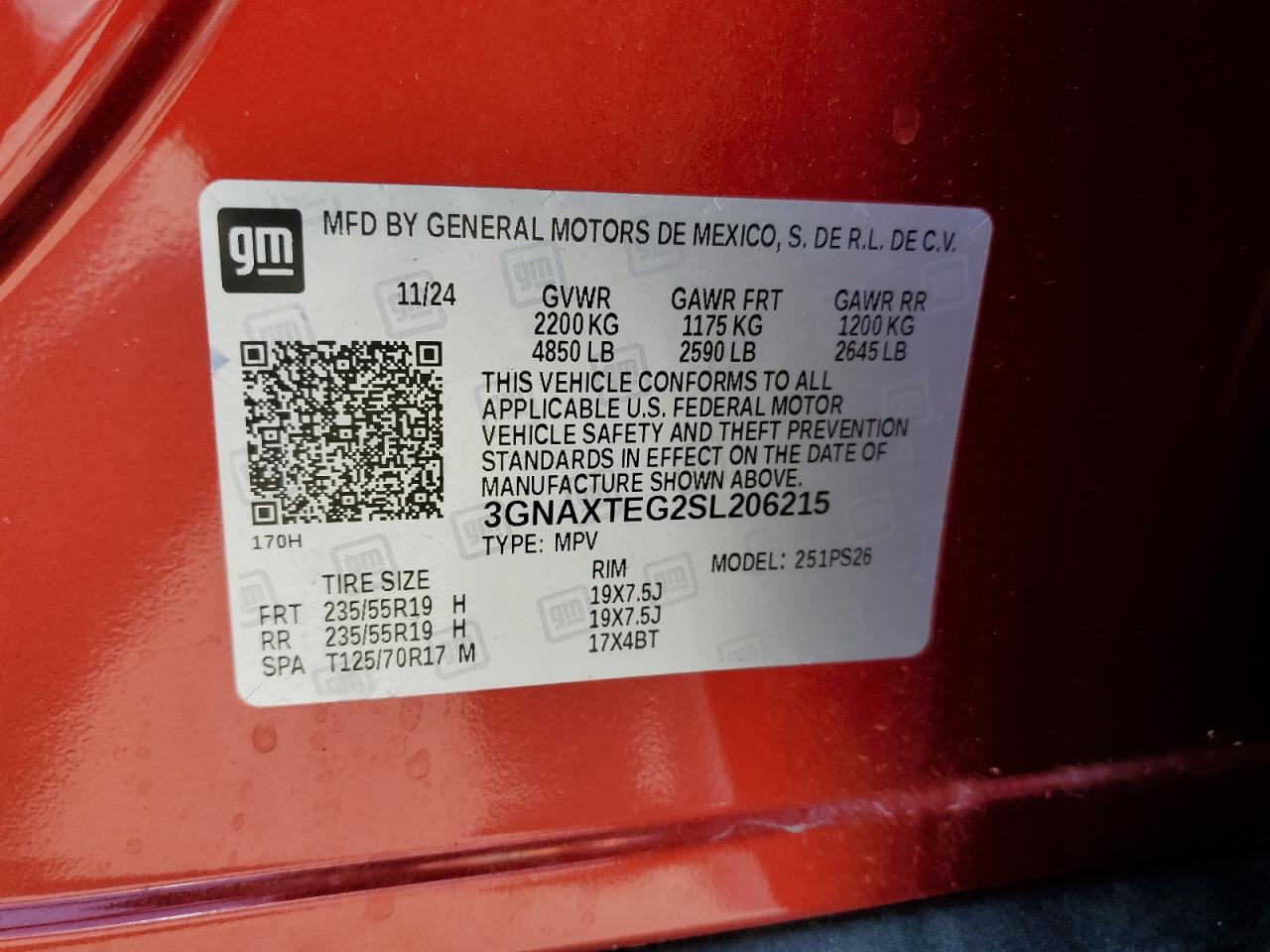 2025 Chevrolet Equinox Rs VIN: 3GNAXTEG2SL206215 Lot: 60842825