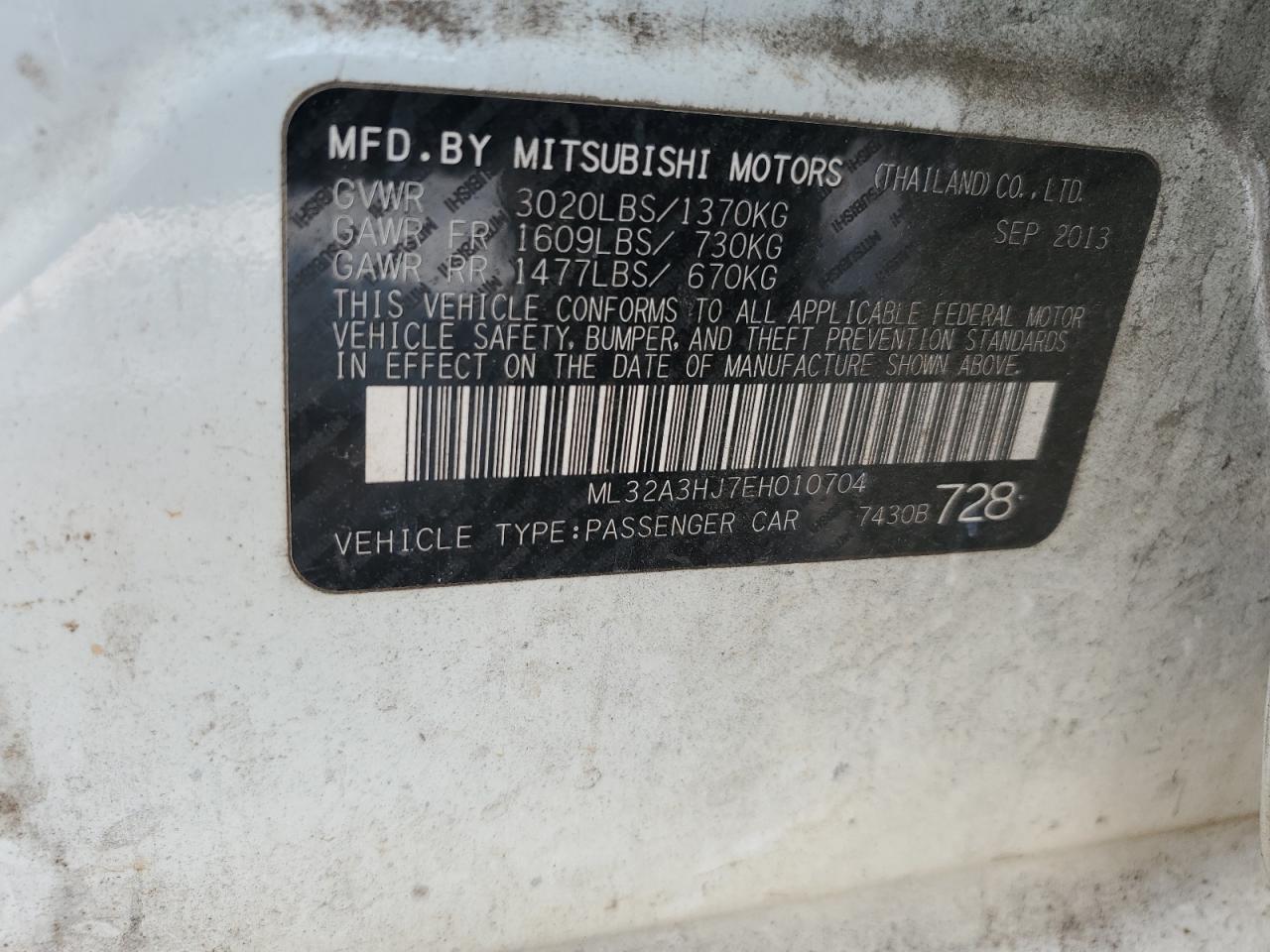 2014 Mitsubishi Mirage De VIN: ML32A3HJ7EH010704 Lot: 59003995