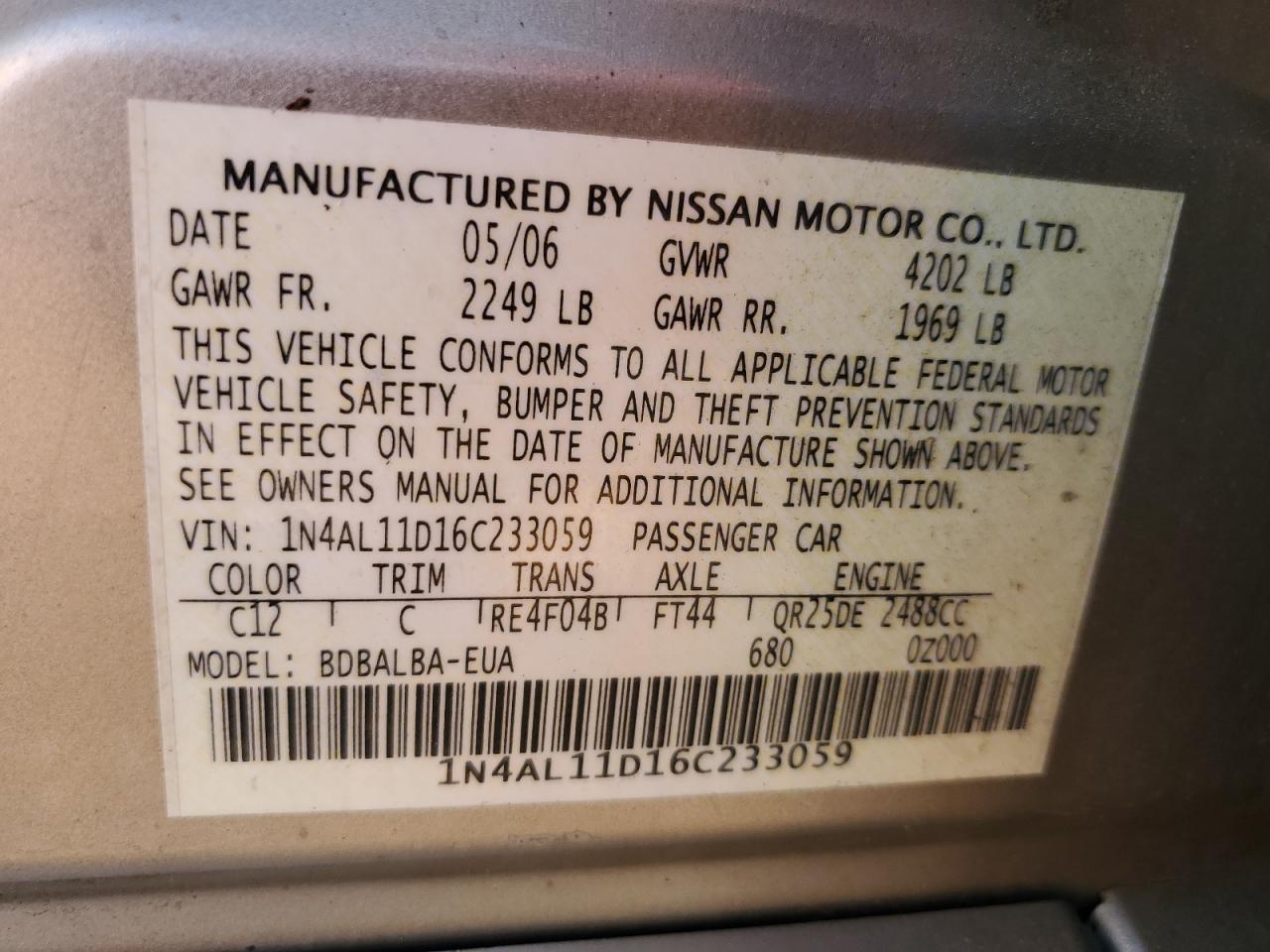 NISSAN ALTIMA 2006 VIN 1N4AL11D16C233059 photo 12