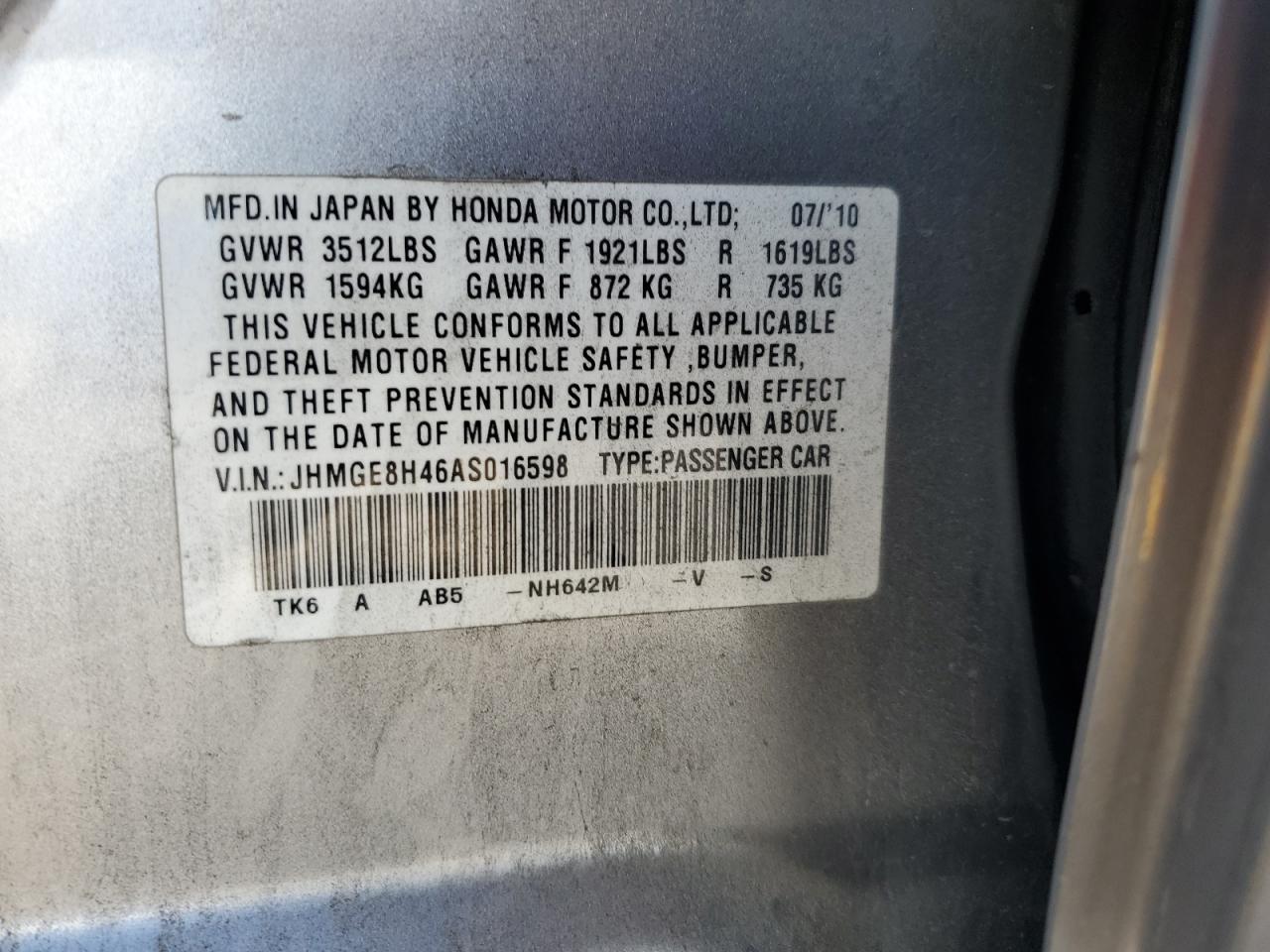 2010 Honda Fit Sport VIN: JHMGE8H46AS016598 Lot: 60930465
