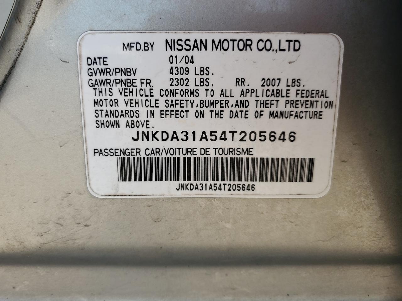 2004 Infiniti I35 VIN: JNKDA31A54T205646 Lot: 61995235