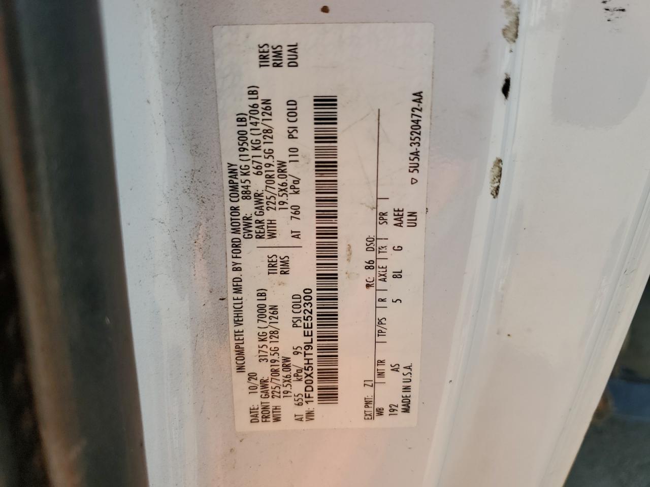 2020 Ford F550 Super Duty VIN: 1FD0X5HT9LEE52300 Lot: 61616025