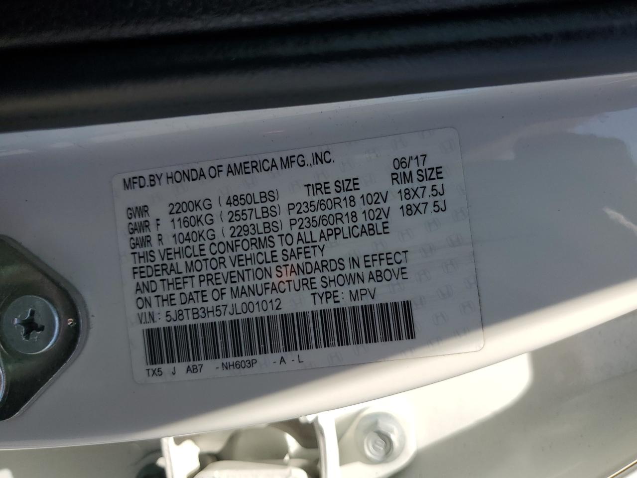 2018 Acura Rdx Technology VIN: 5J8TB3H57JL001012 Lot: 62787875