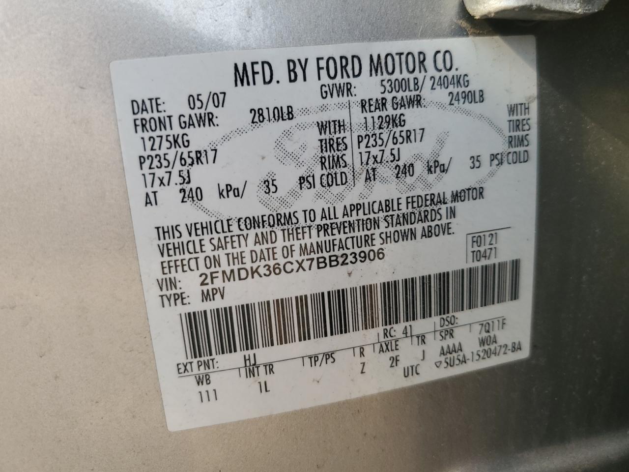 2007 Ford Edge Se VIN: 2FMDK36CX7BB23906 Lot: 58913045