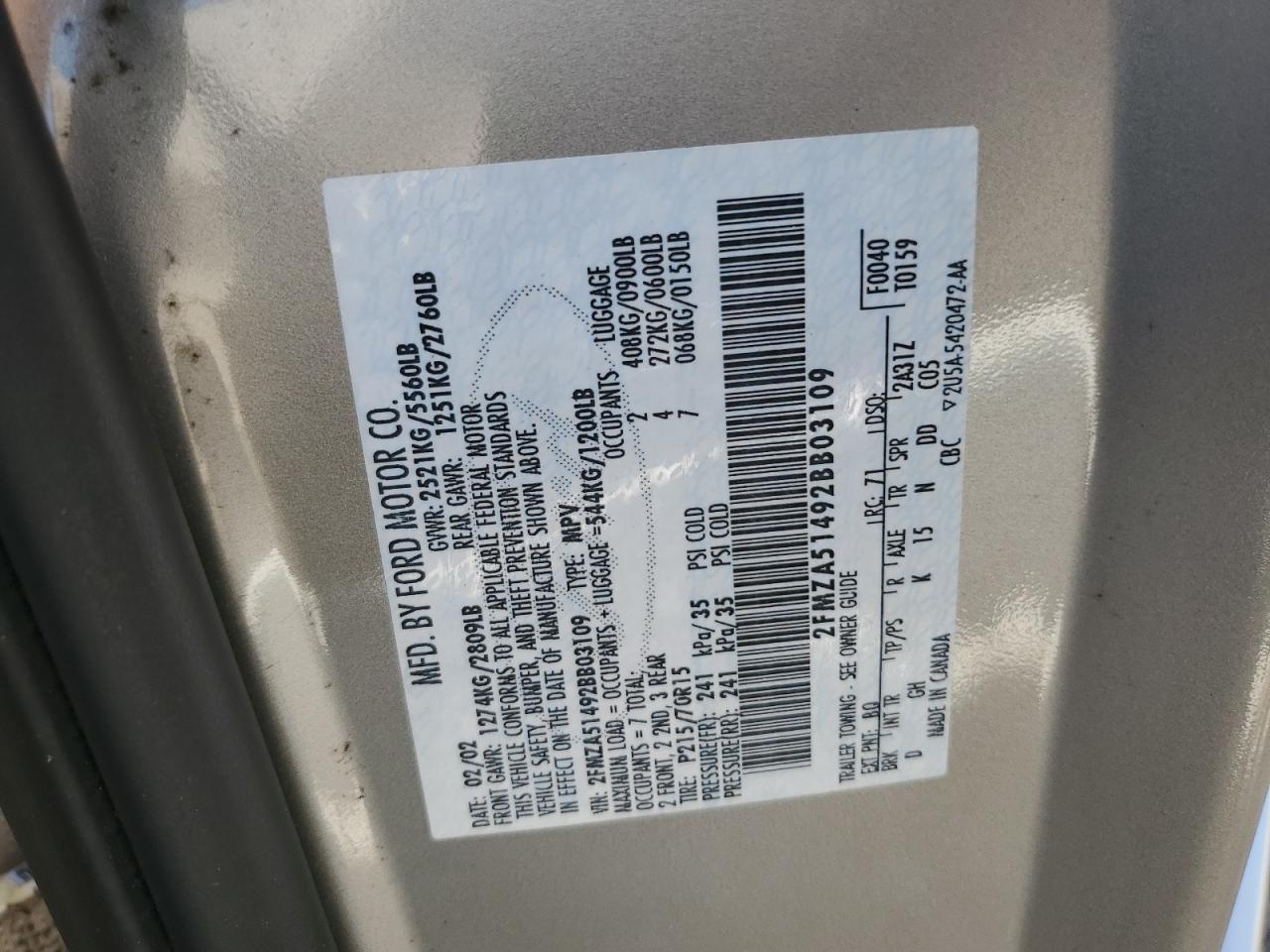 2002 Ford Windstar Lx VIN: 2FMZA51492BB03109 Lot: 61810345