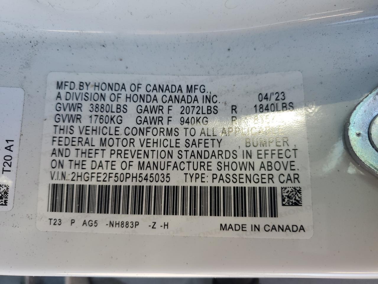 2023 Honda Civic Sport VIN: 2HGFE2F50PH545035 Lot: 62534225