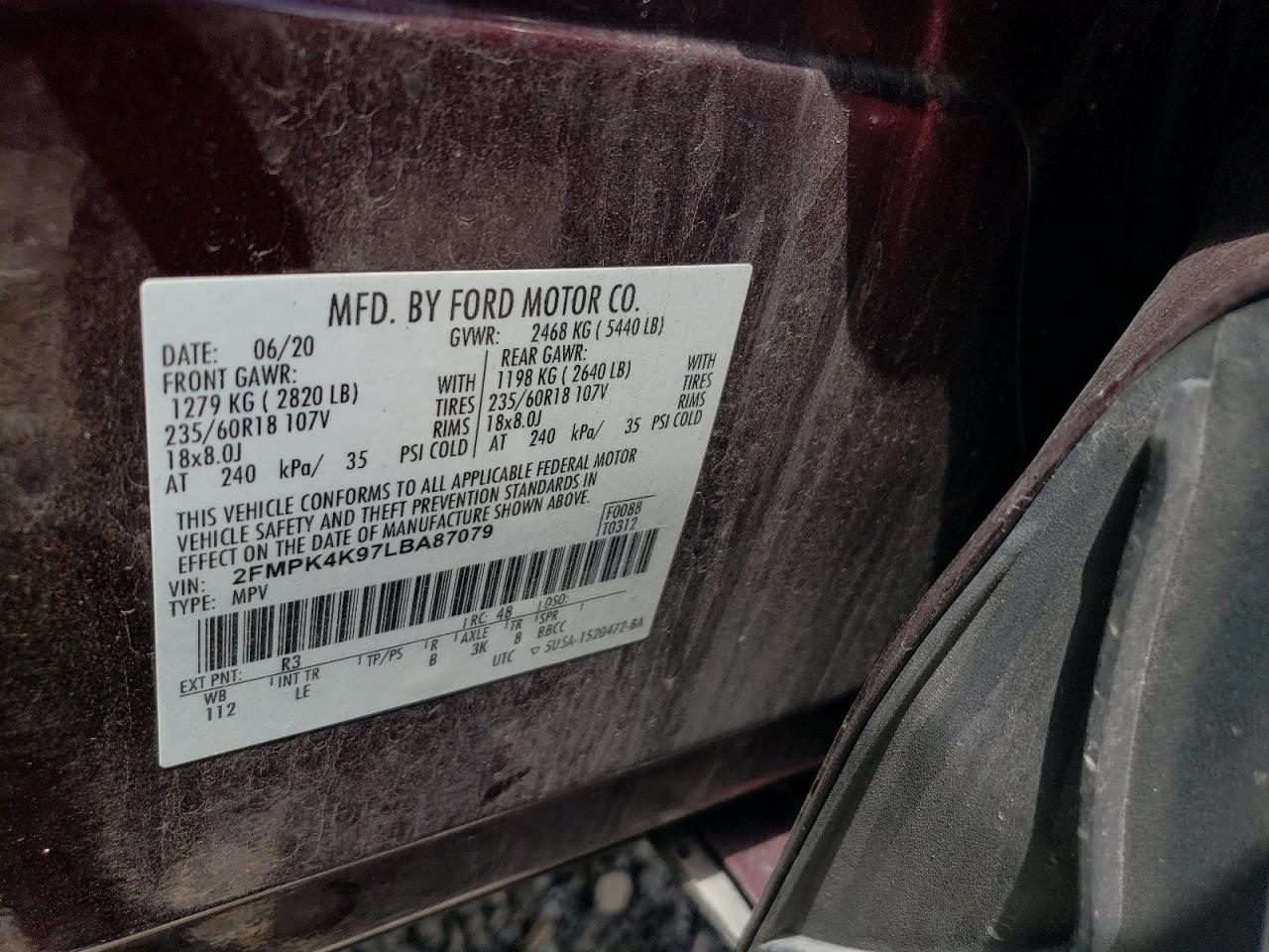 2020 Ford Edge Titanium VIN: 2FMPK4K97LBA87079 Lot: 62096535