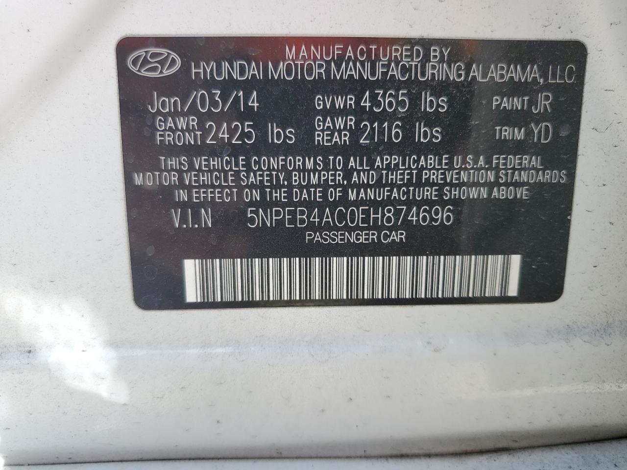 2014 Hyundai Sonata Gls VIN: 5NPEB4AC0EH874696 Lot: 61401465