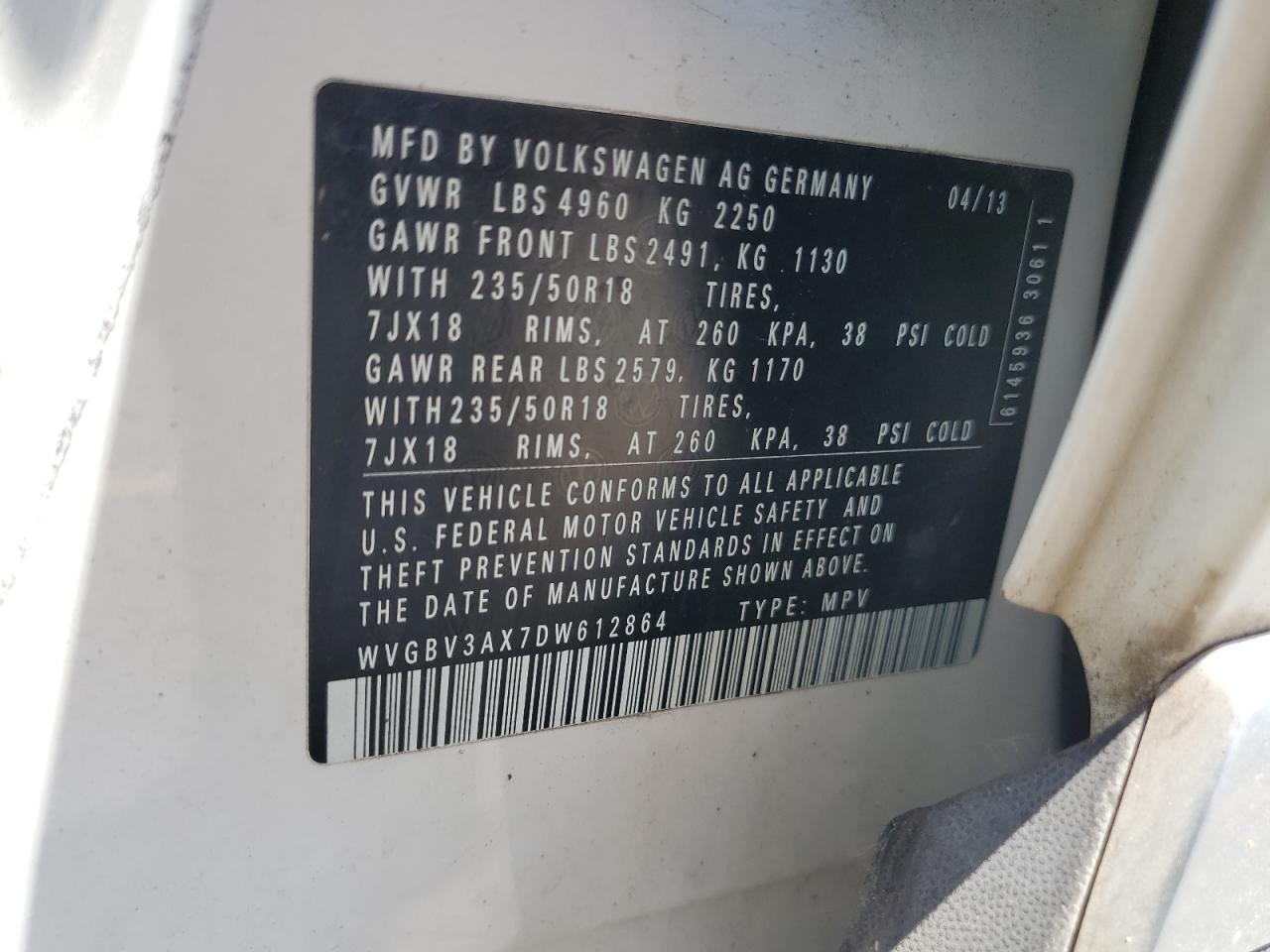 2013 Volkswagen Tiguan S VIN: WVGBV3AX7DW612864 Lot: 62699635