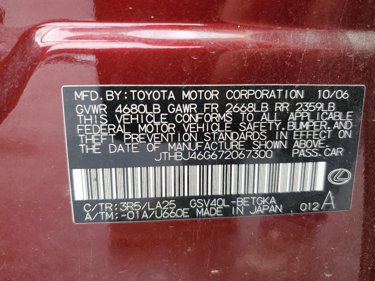 2007 Lexus Es 350 VIN: JTHBJ46G672067300 Lot: 62917935