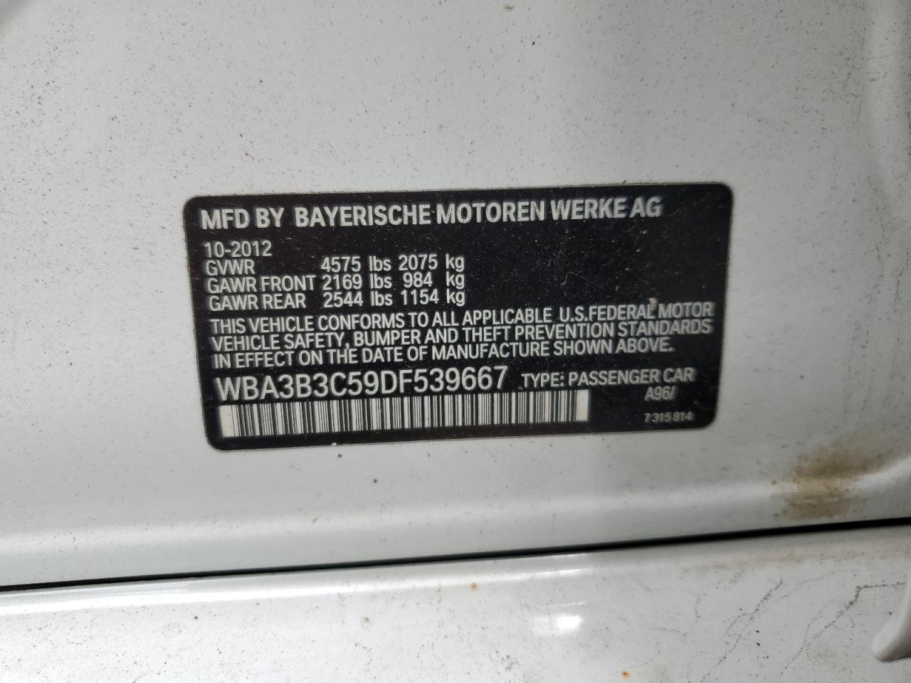 2013 BMW 328 Xi VIN: WBA3B3C59DF539667 Lot: 60927645