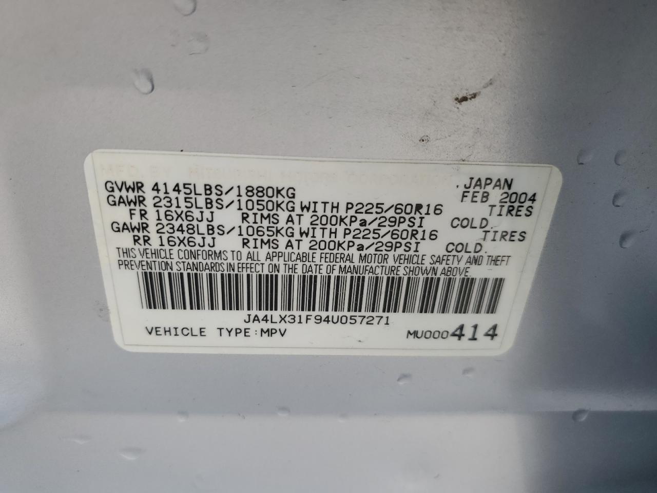 2004 Mitsubishi Outlander Ls VIN: JA4LX31F94U057271 Lot: 62026345