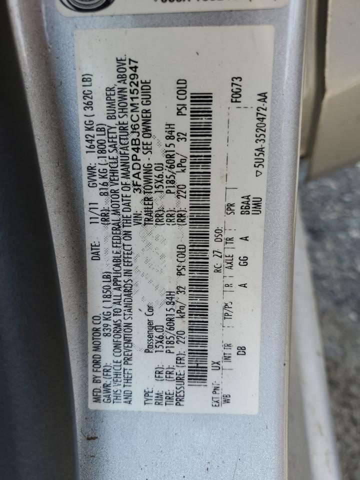 2012 Ford Fiesta Se VIN: 3FADP4BJ6CM152947 Lot: 62926075