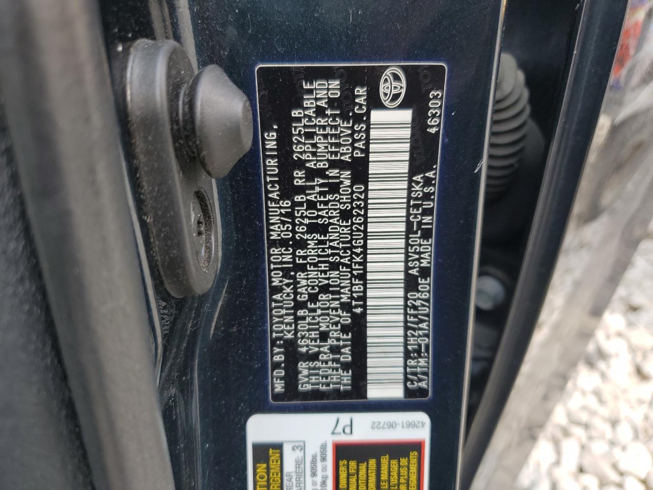 4T1BF1FK4GU262320 TOYOTA CAMRY 2016