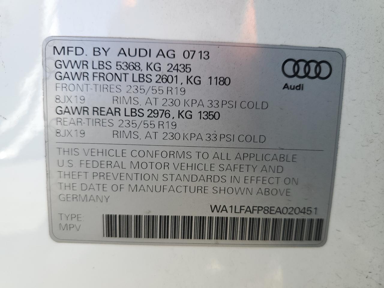 2014 Audi Q5 Premium Plus VIN: WA1LFAFP8EA020451 Lot: 62947505