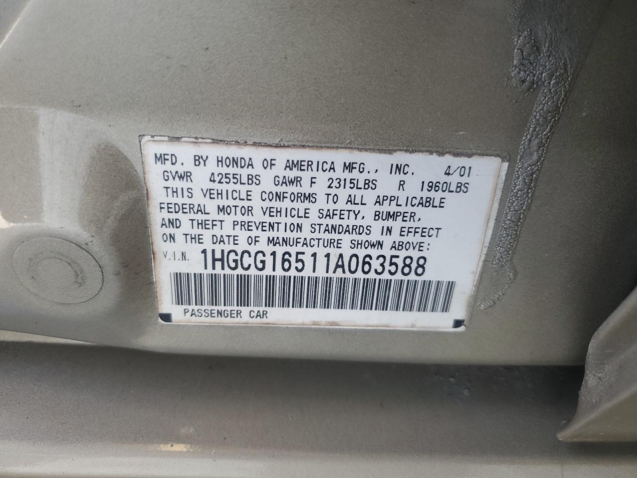 2001 Honda Accord Ex VIN: 1HGCG16511A063588 Lot: 62845225