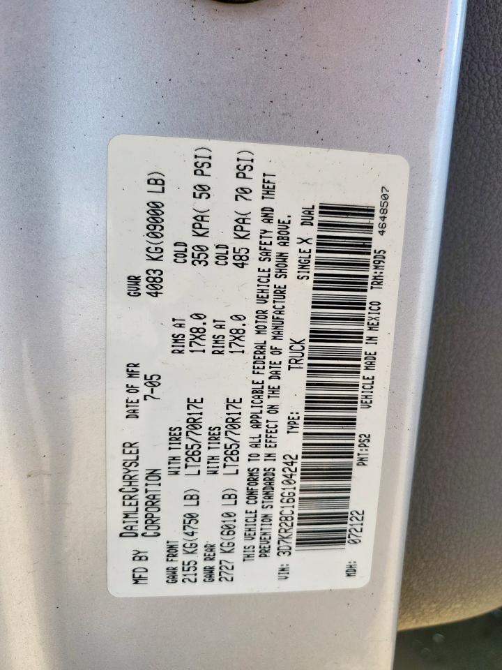 2006 Dodge Ram 2500 St VIN: 3D7KR28C16G104242 Lot: 62666975