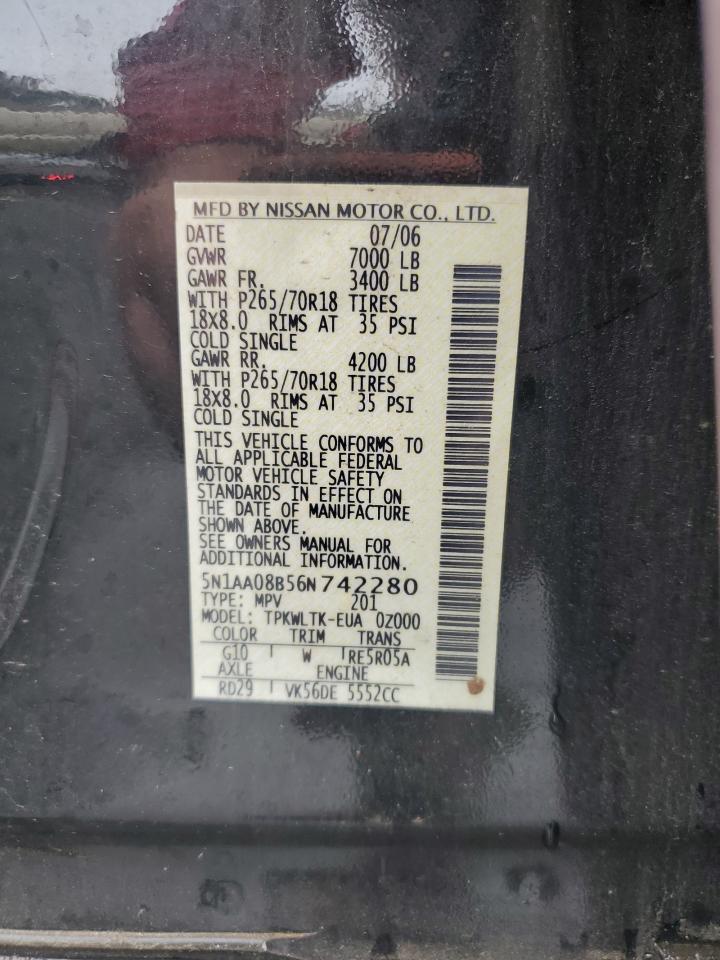 2006 Nissan Armada Se VIN: 5N1AA08B56N742280 Lot: 59476855