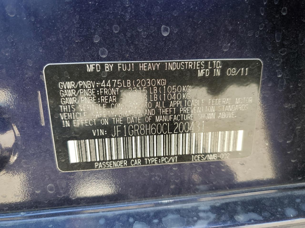 2012 Subaru Impreza Wrx Sti VIN: JF1GR8H60CL200431 Lot: 60421155