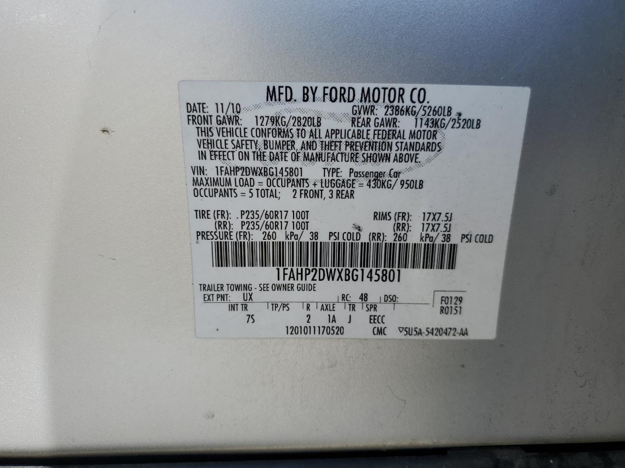 2011 Ford Taurus Se VIN: 1FAHP2DWXBG145801 Lot: 63223315