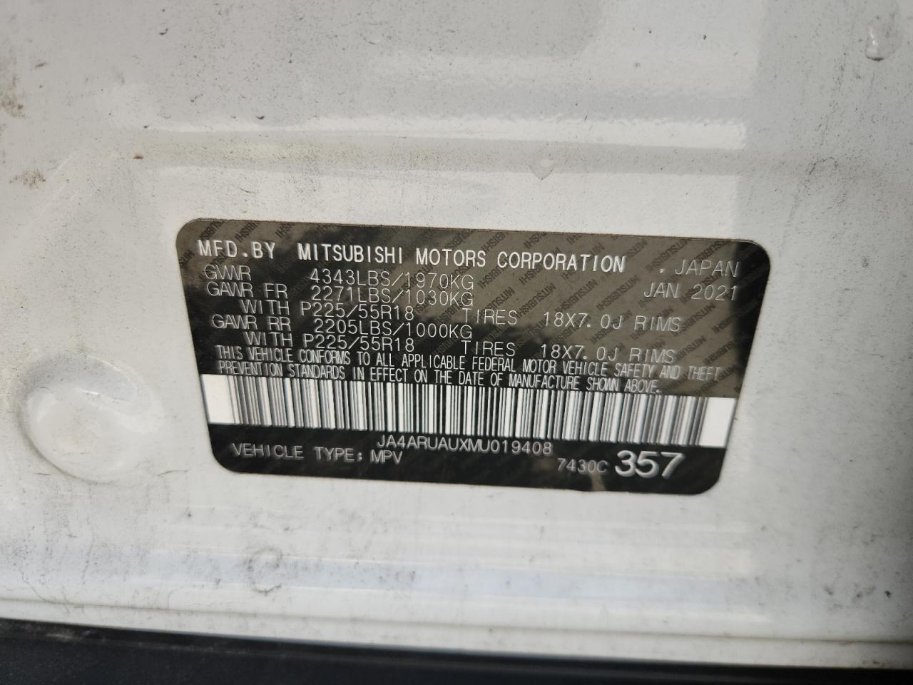 2021 Mitsubishi Outlander Sport Es VIN: JA4ARUAUXMU019408 Lot: 62777945