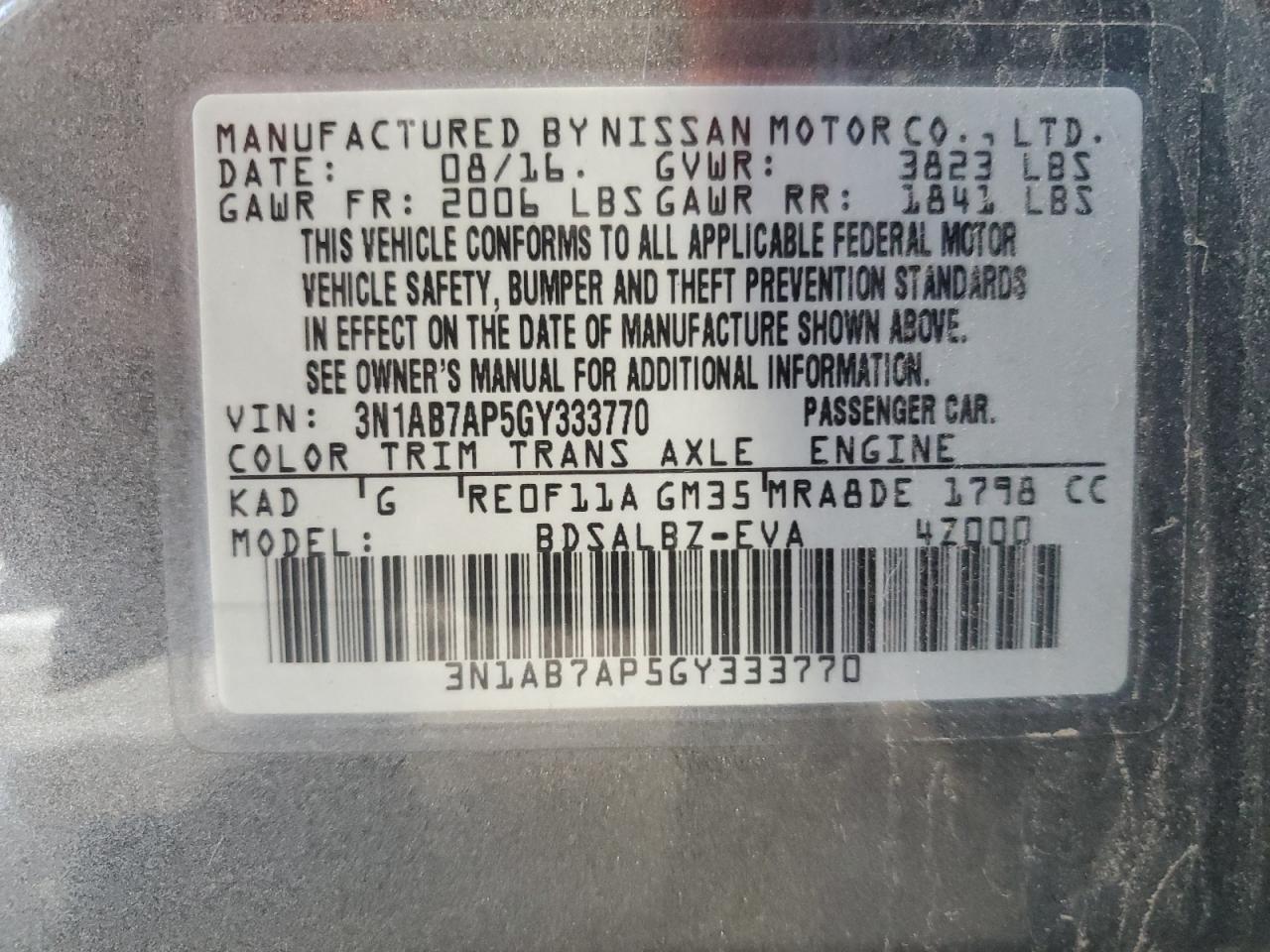 2016 Nissan Sentra S VIN: 3N1AB7AP5GY333770 Lot: 61373145