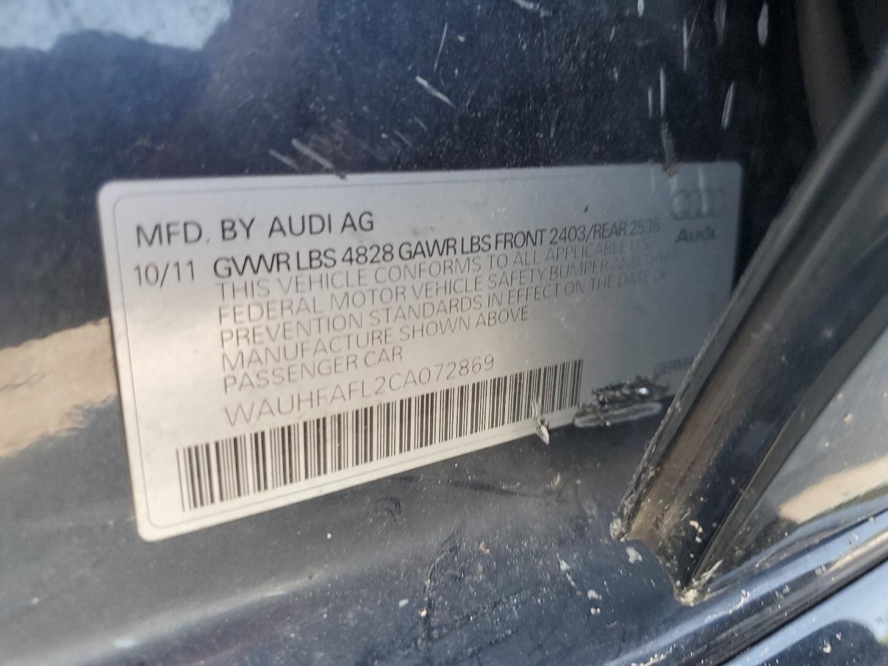 2012 Audi A4 Premium Plus VIN: WAUHFAFL2CA072869 Lot: 61936445