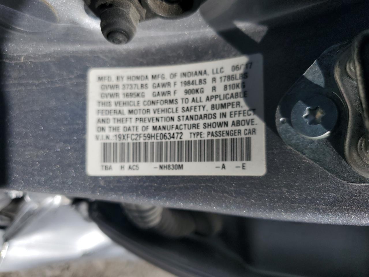 2017 Honda Civic Lx VIN: 19XFC2F59HE063472 Lot: 61688845