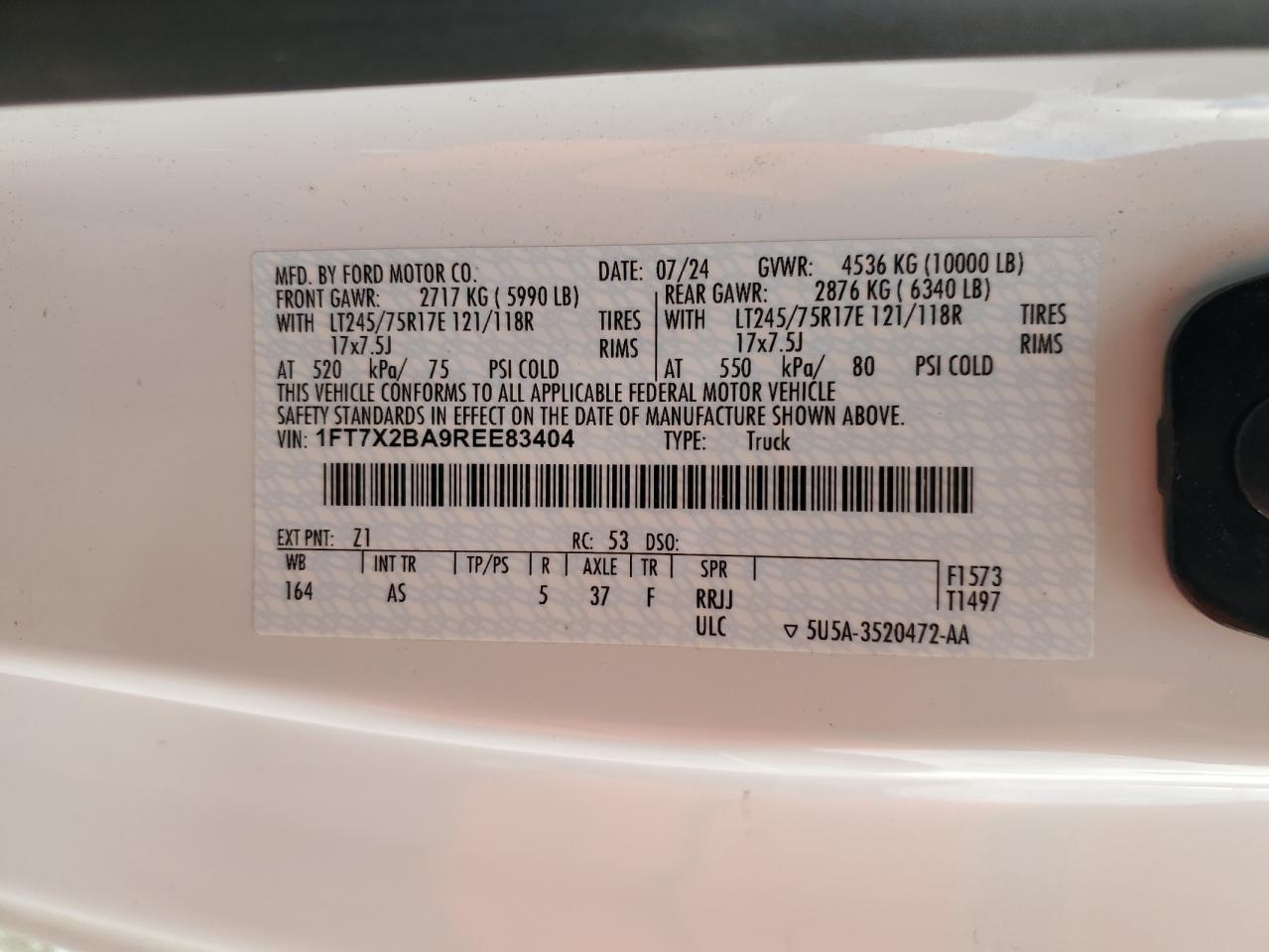 2024 Ford F250 Super Duty VIN: 1FT7X2BA9REE83404 Lot: 60734495