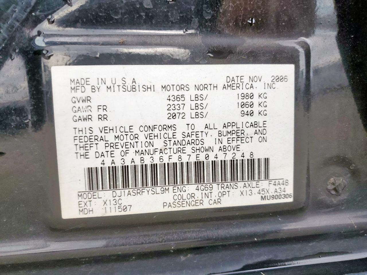 2007 Mitsubishi Galant Es VIN: 4A3AB36F87E047248 Lot: 59893275