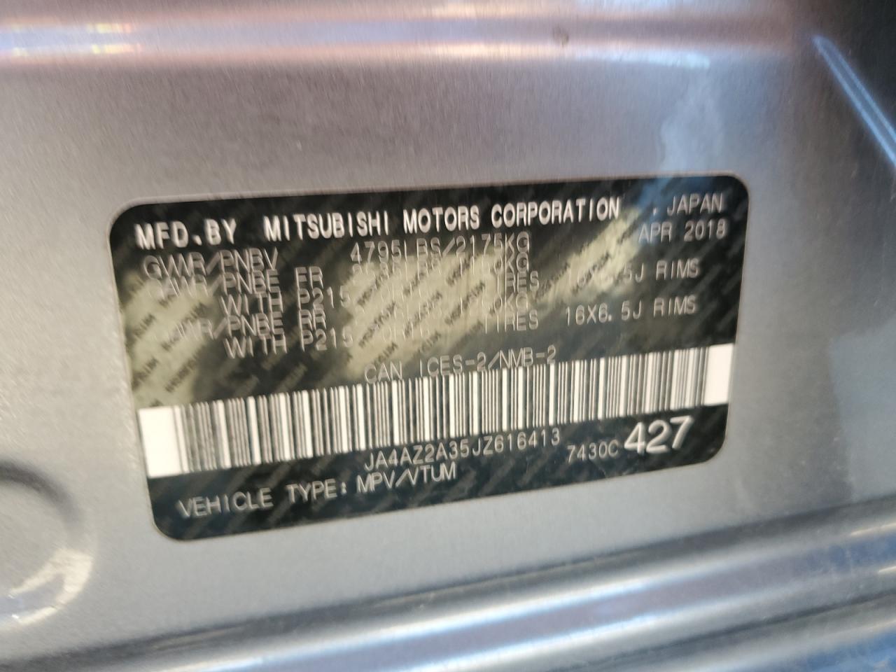 2018 Mitsubishi Outlander Es VIN: JA4AZ2A35JZ616413 Lot: 61454925