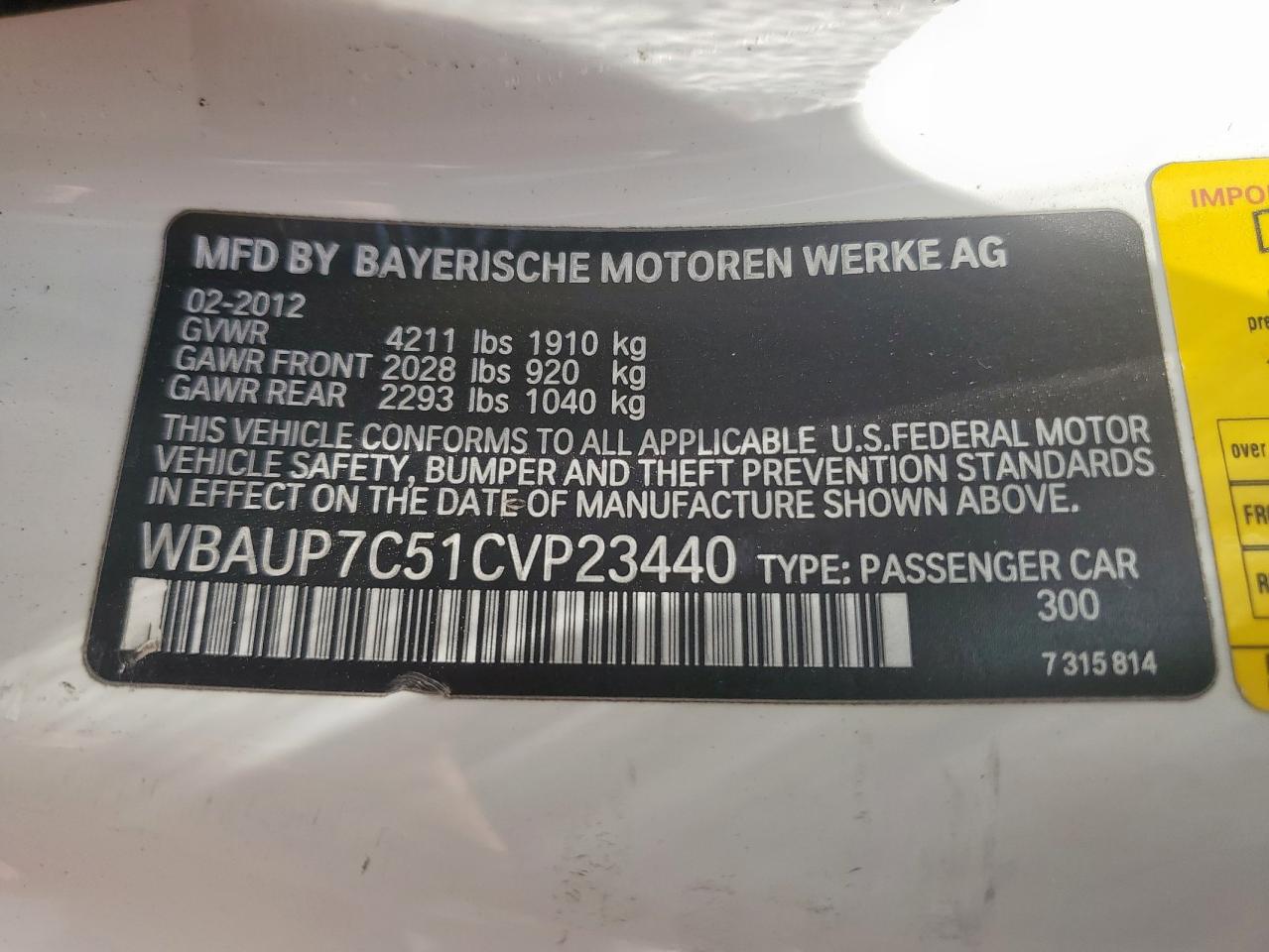 2012 BMW 128 I VIN: WBAUP7C51CVP23440 Lot: 62367355