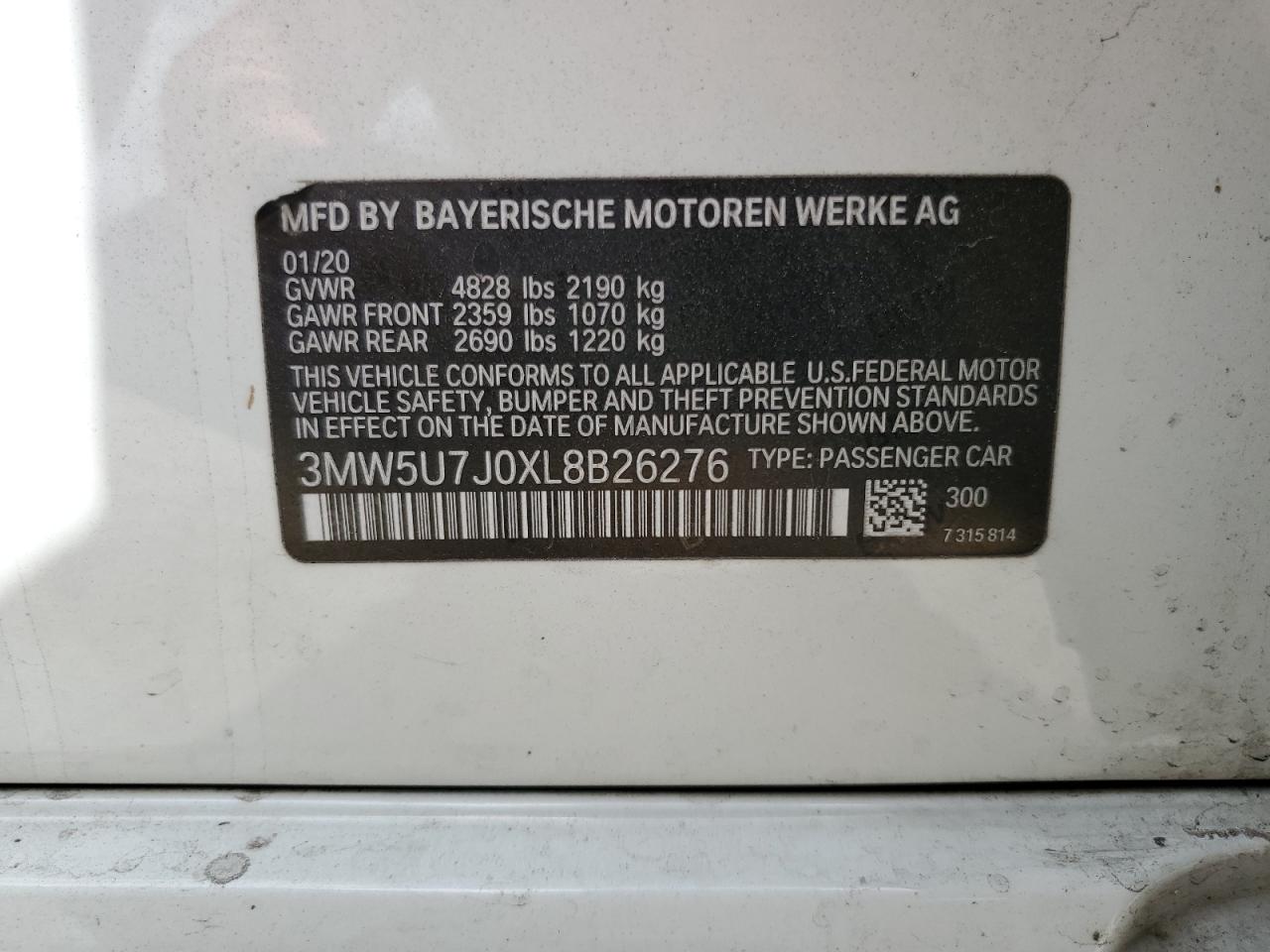 2020 BMW M340I VIN: 3MW5U7J0XL8B26276 Lot: 59799855
