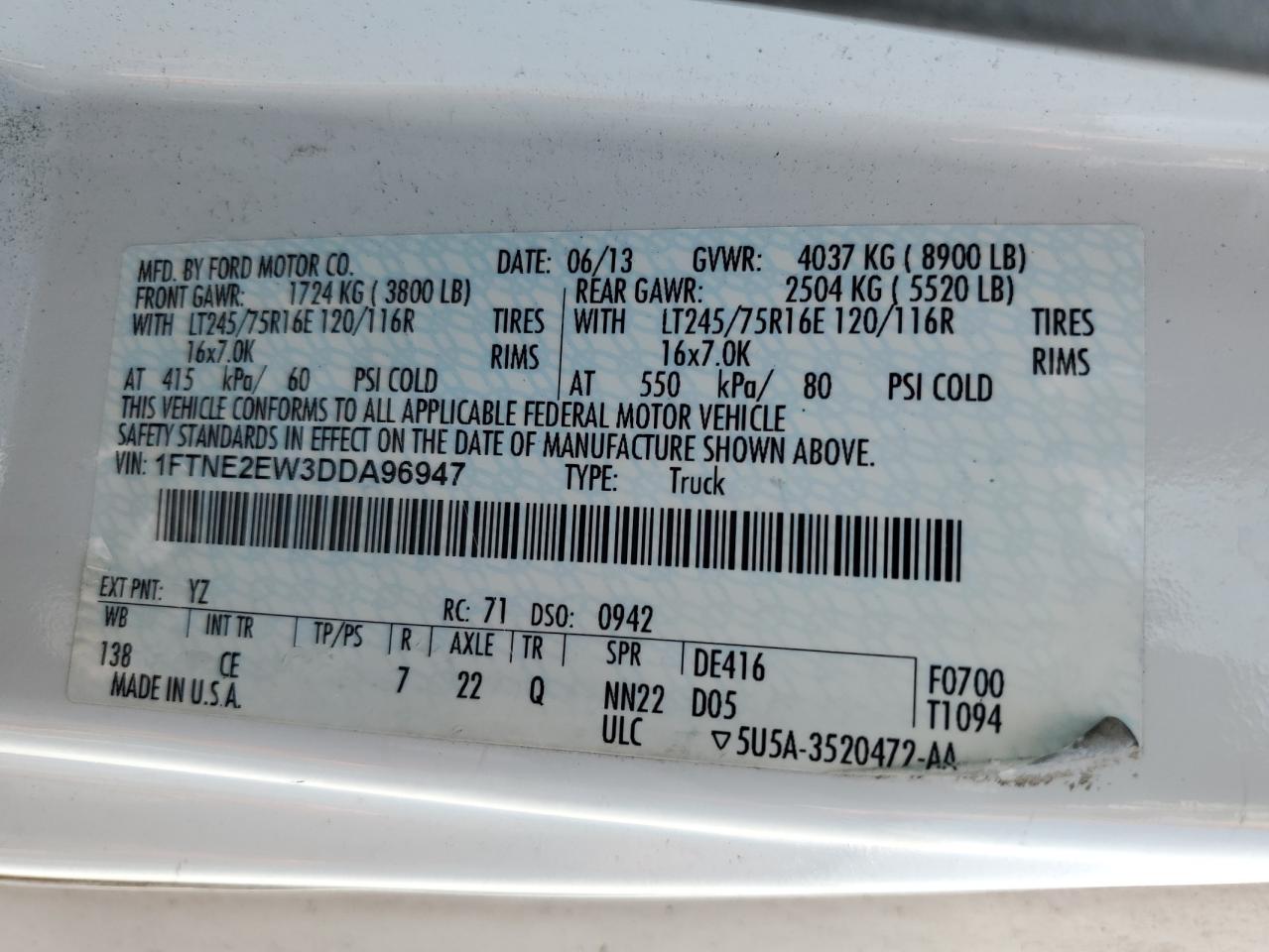 2013 Ford Econoline E250 Van VIN: 1FTNE2EW3DDA96947 Lot: 62774435