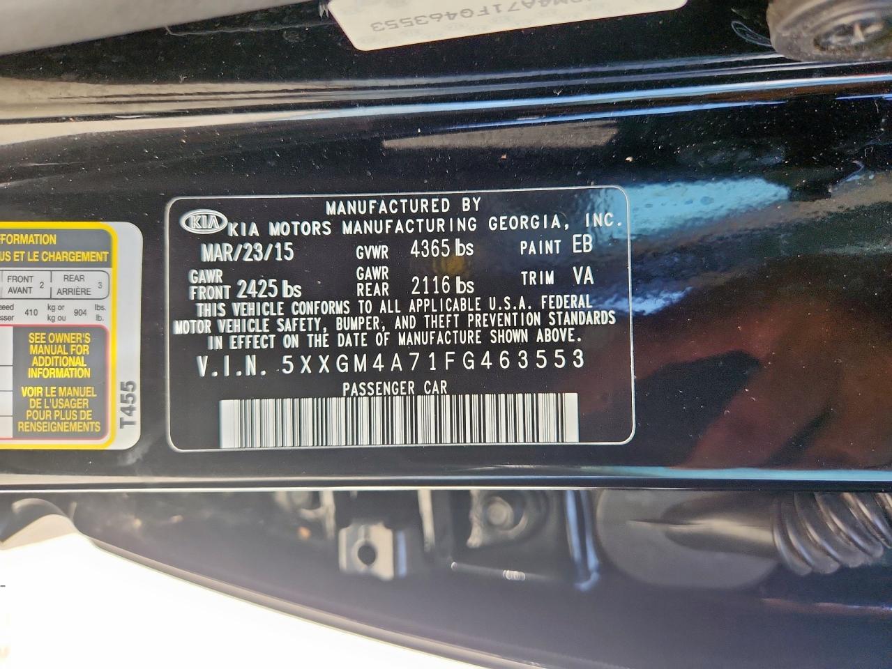 2015 Kia Optima Lx VIN: 5XXGM4A71FG463553 Lot: 62876005