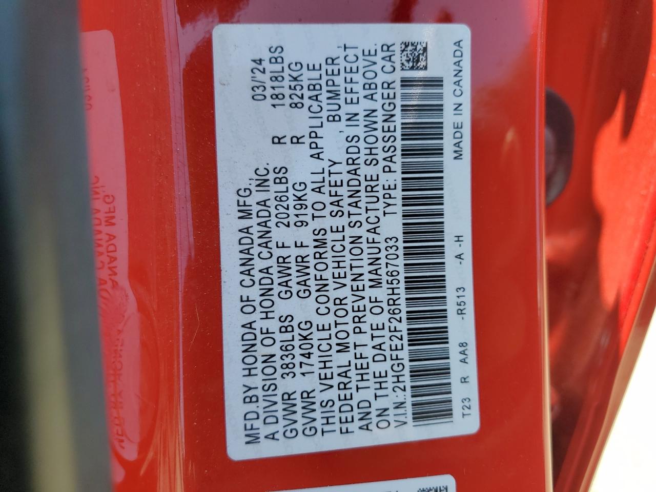2HGFE2F26RH567033 HONDA CIVIC 2024