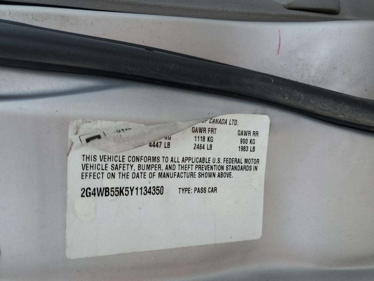 2000 Buick Regal Ls VIN: 2G4WB55K5Y1134350 Lot: 60869135