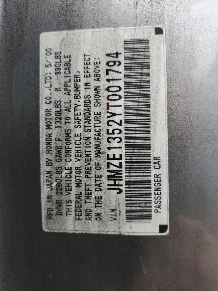 2000 Honda Insight VIN: JHMZE1352YT001794 Lot: 89022435