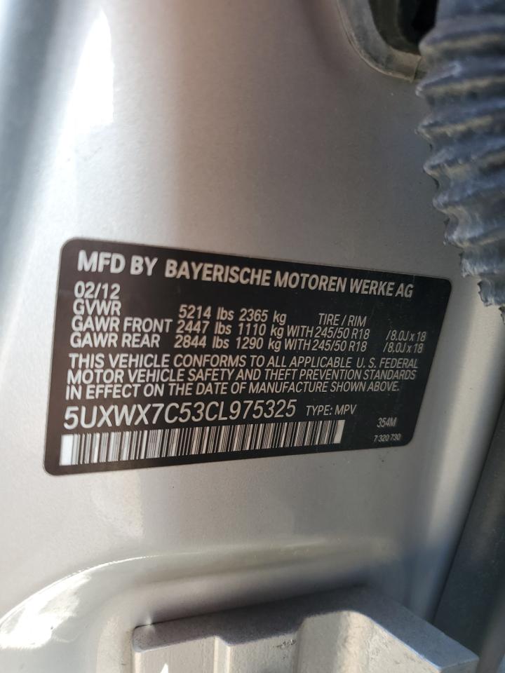2012 BMW X3 xDrive35I VIN: 5UXWX7C53CL975325 Lot: 62587815