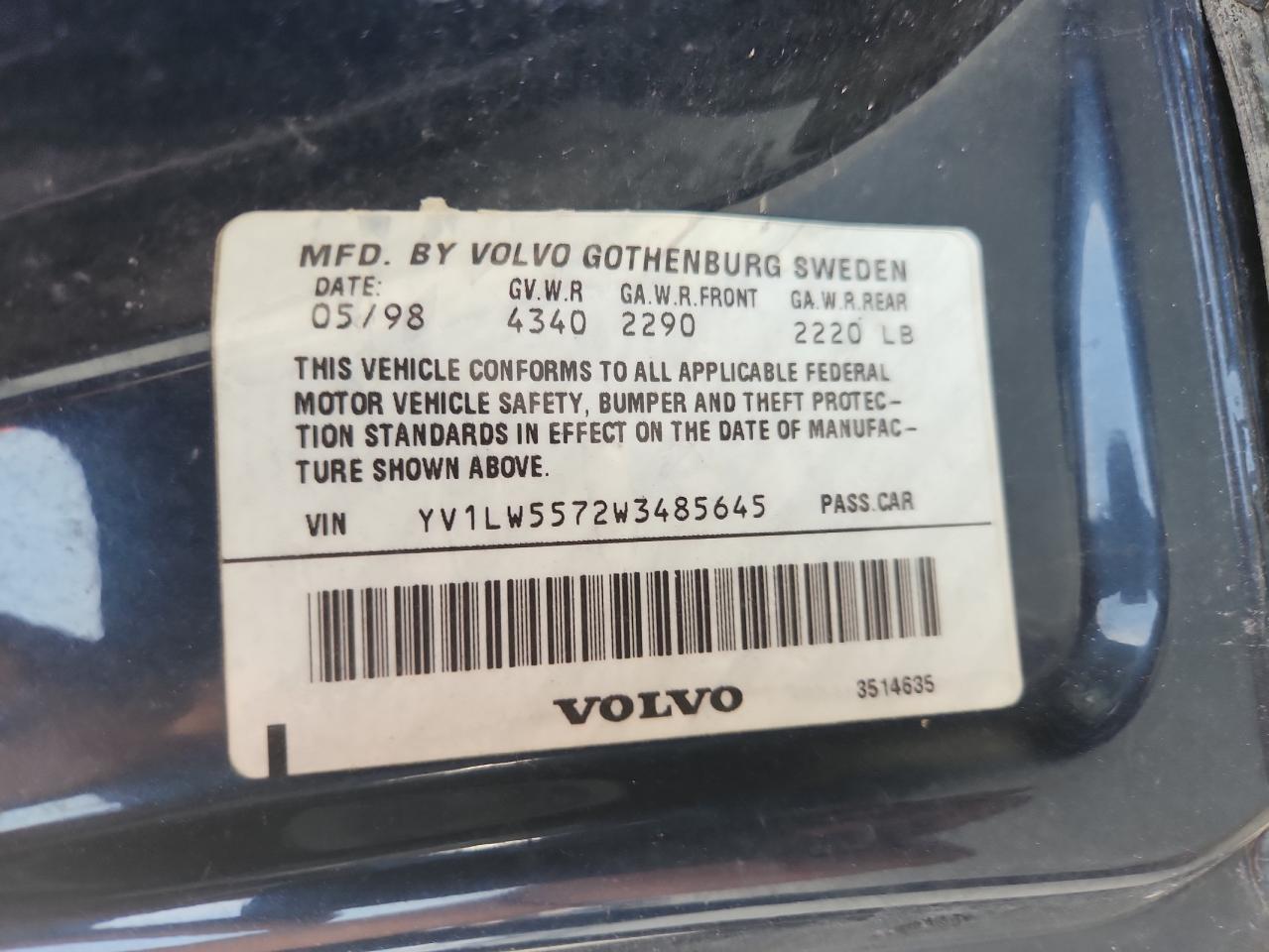 1998 Volvo V70 VIN: YV1LW5572W3485645 Lot: 59798005