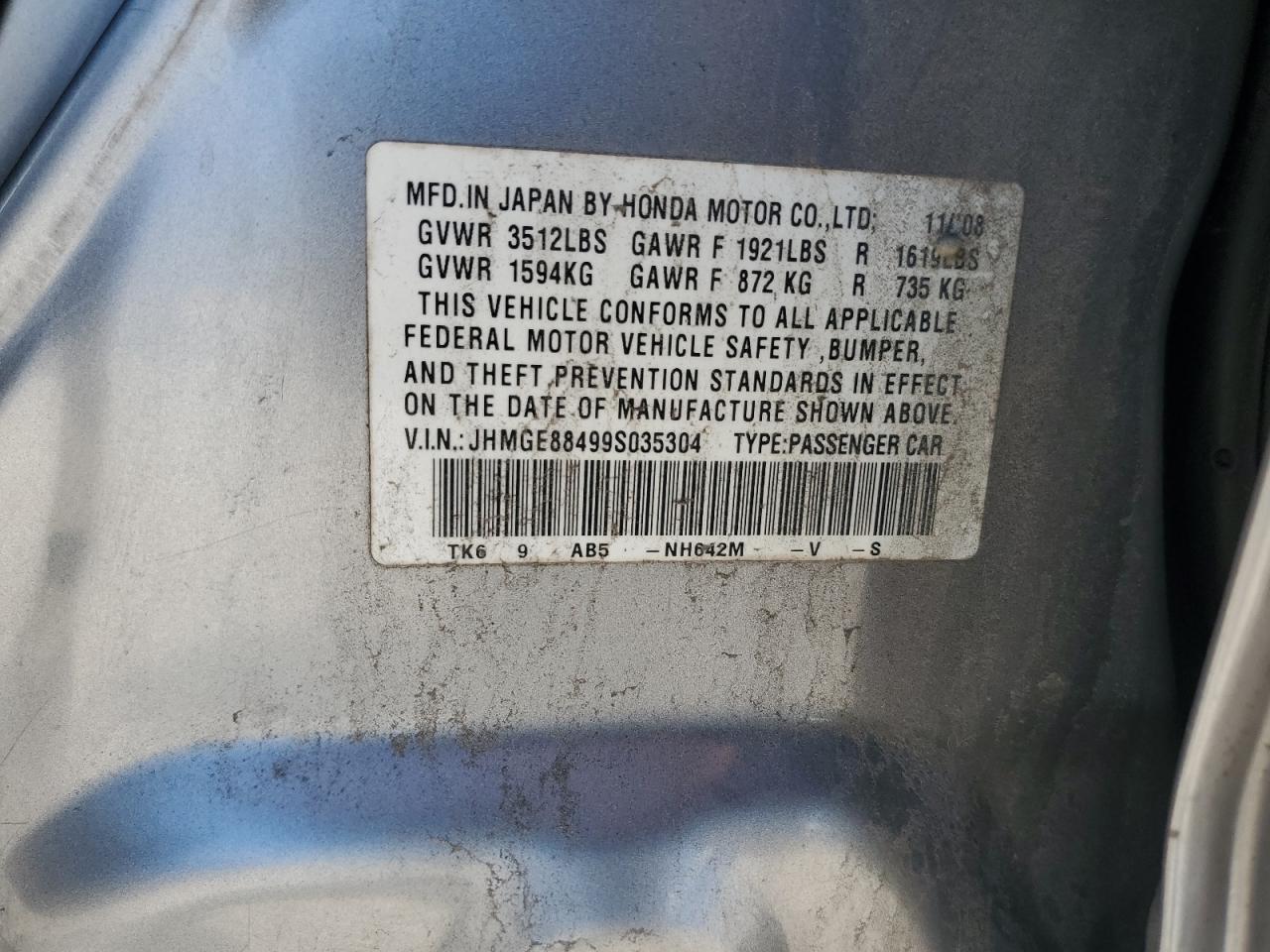 2009 Honda Fit Sport VIN: JHMGE88499S035304 Lot: 61804475