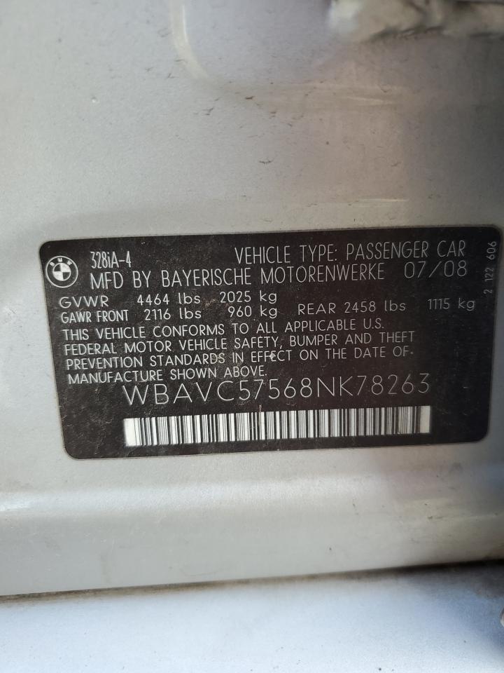 2008 BMW 328 I Sulev VIN: WBAVC57568NK78263 Lot: 60245785