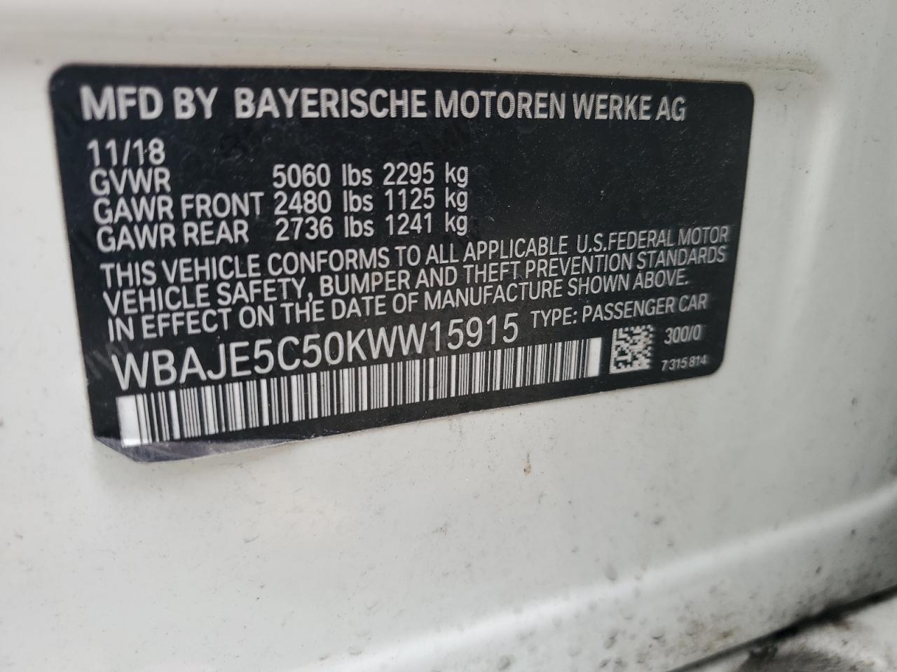 2019 BMW 540 I VIN: WBAJE5C50KWW15915 Lot: 61334275