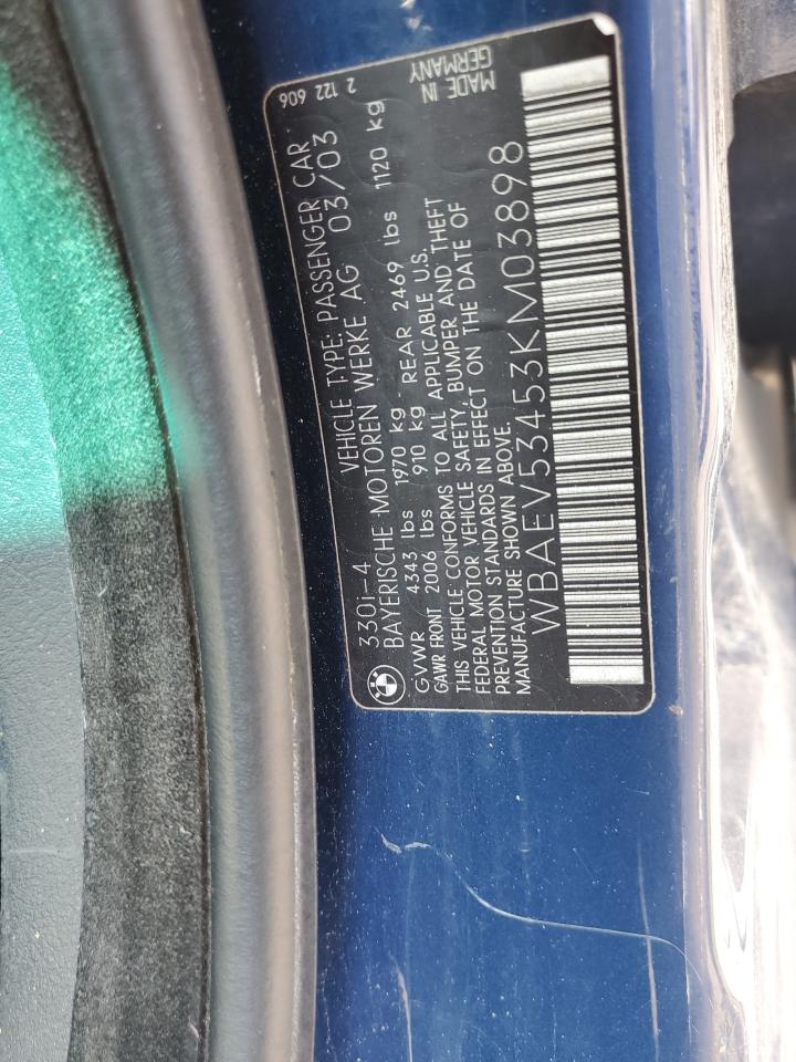 2003 BMW 330 I VIN: WBAEV53453KM03898 Lot: 62038165