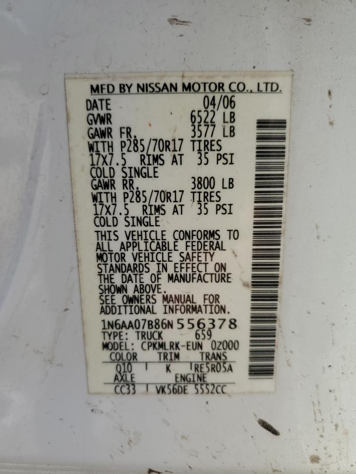 2006 Nissan Titan Xe VIN: 1N6AA07B86N556378 Lot: 62213735