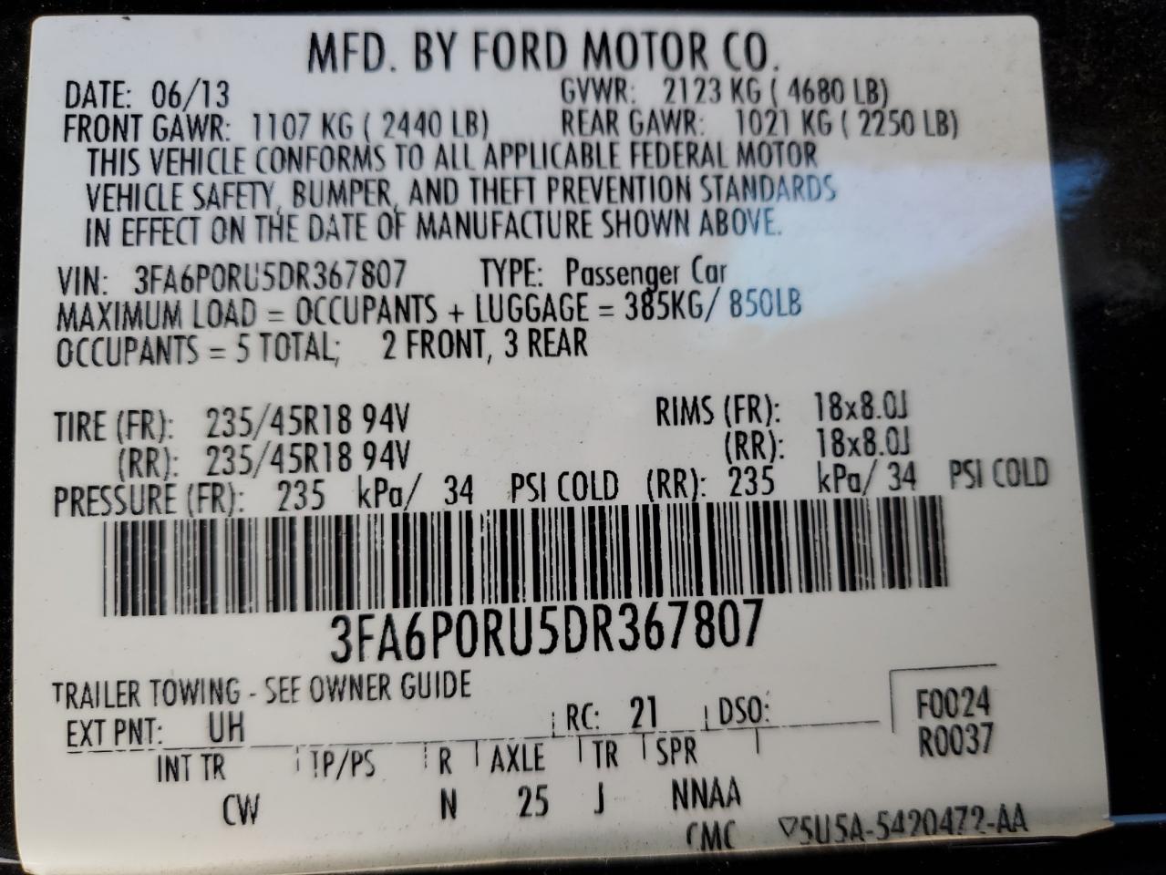 2013 Ford Fusion Titanium Hev VIN: 3FA6P0RU5DR367807 Lot: 62542965
