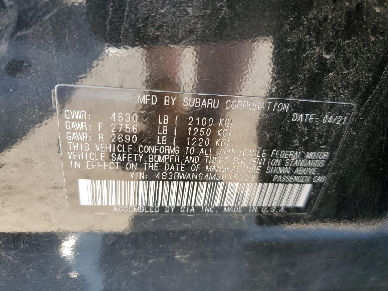 2021 Subaru Legacy Limited VIN: 4S3BWAN64M3019228 Lot: 62685315