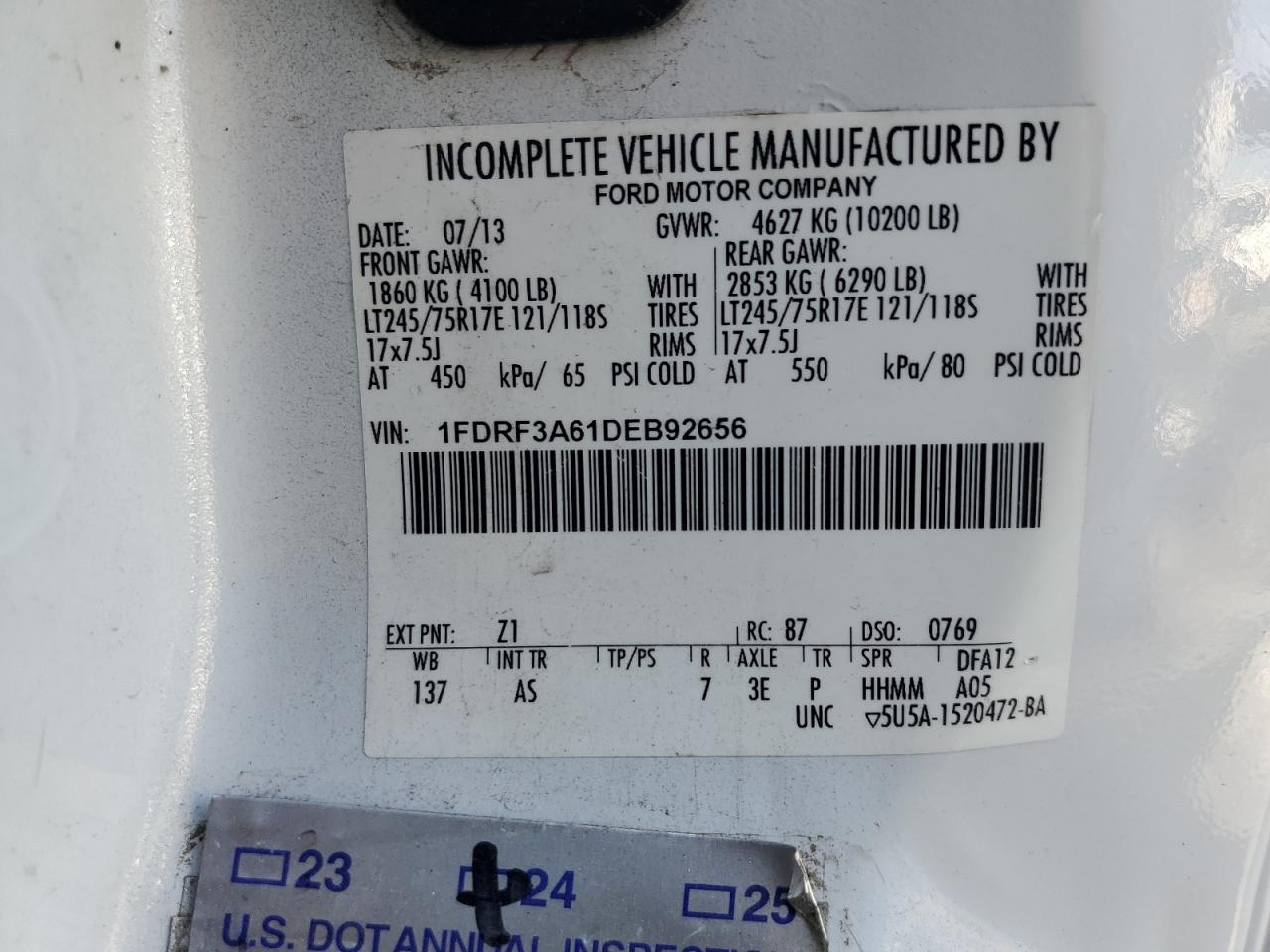 2013 Ford F350 Super Duty VIN: 1FDRF3A61DEB92656 Lot: 59272705